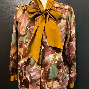 Vintage Abstract Buttoned Blouse with Dramatic Tie Knot
